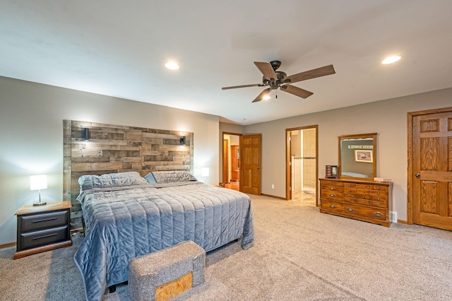 114 3rd Ave E, Truman, MN 56088 - carpeted bedroom featuring baseboards, recessed lighting, a ceiling fan, and connected bathroom