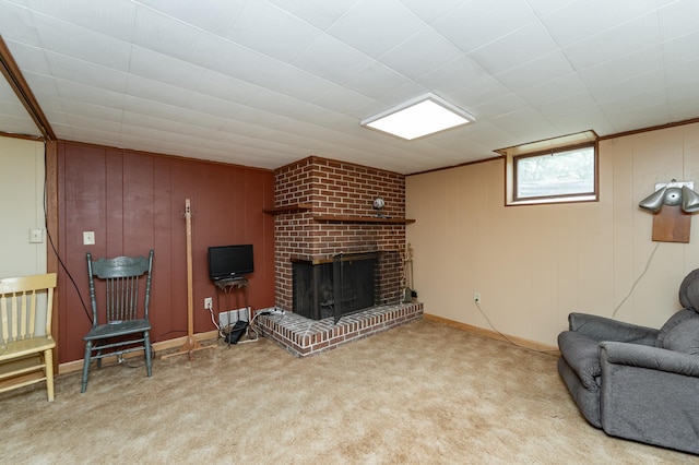 724 16th St NE, Rochester, MN 55906 - carpeted living room with a brick fireplace and wood walls