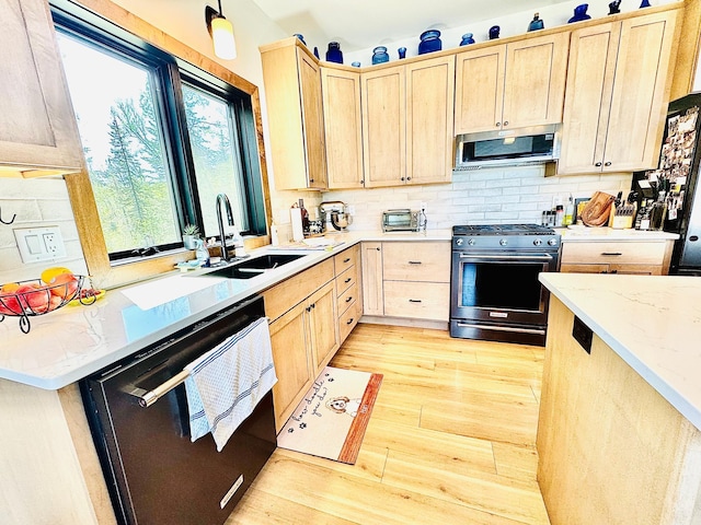 30710 County Road 45, Marcell Twp, MN 56628 - kitchen featuring stainless steel appliances, light brown cabinets, a sink, light wood finished floors, and decorative backsplash