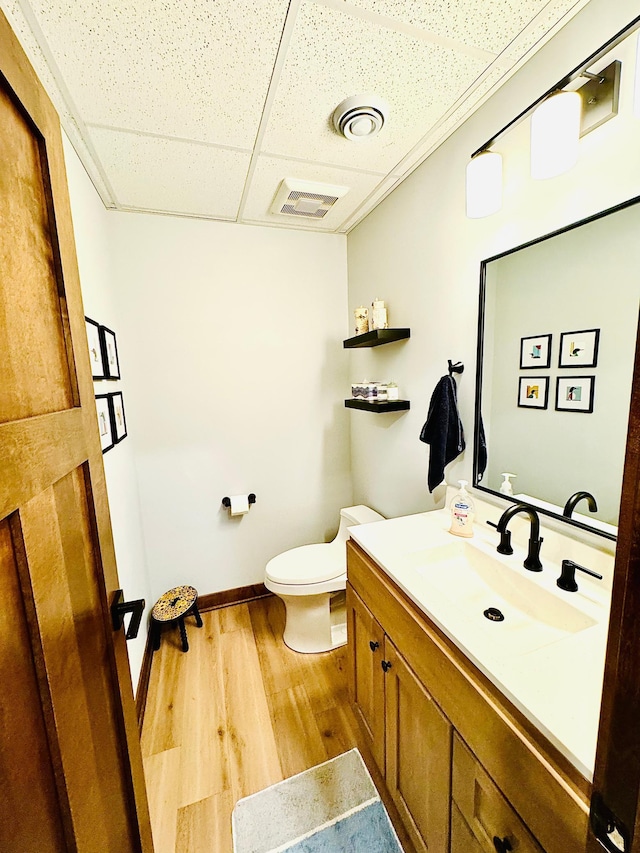 30710 County Road 45, Marcell Twp, MN 56628 - bathroom with a drop ceiling, wood finished floors, toilet, baseboards, and vanity