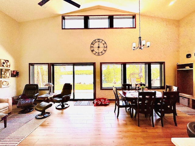 30710 County Road 45, Marcell Twp, MN 56628 - dining room featuring wood finished floors, a chandelier, and high vaulted ceiling