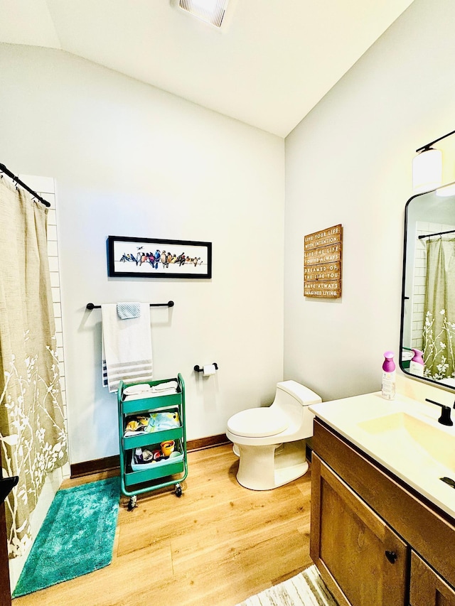 30710 County Road 45, Marcell Twp, MN 56628 - full bathroom with wood finished floors, vanity, toilet, baseboards, and lofted ceiling