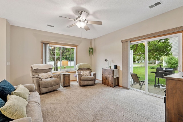 13900 Garnet Ter NW, Ramsey, MN 55303 - living room with light colored carpet, ceiling fan, and healthy amount of natural light