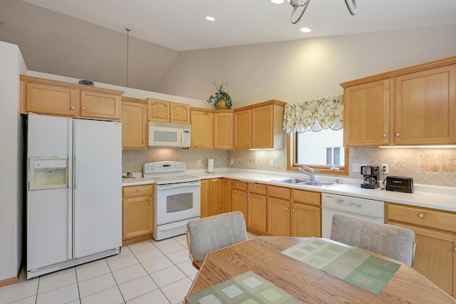 8207 Norman Creek Trl, Bloomington, MN 55437 - kitchen featuring white appliances, a sink, decorative backsplash, light countertops, and high vaulted ceiling