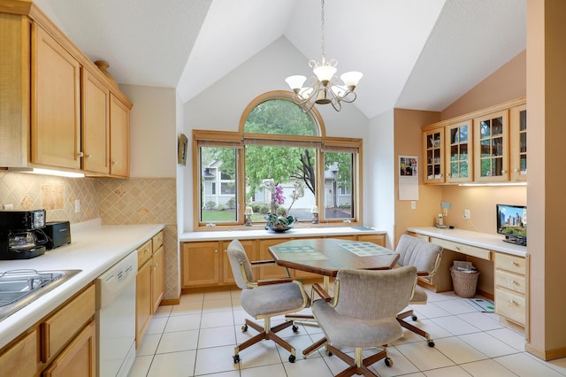 8207 Norman Creek Trl, Bloomington, MN 55437 - kitchen with dishwasher, lofted ceiling, backsplash, a chandelier, and light countertops
