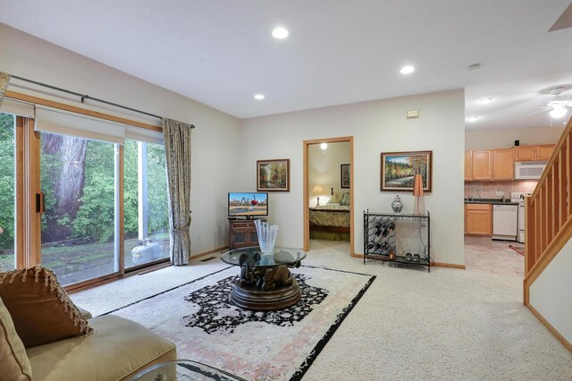 8207 Norman Creek Trl, Bloomington, MN 55437 - living area with recessed lighting, baseboards, light carpet, and a ceiling fan