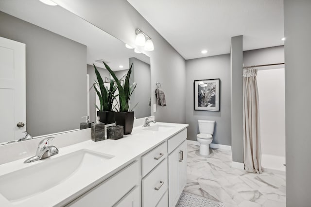 12730 8th Ave S, Zimmerman, MN 55398 - bathroom with marble finish flooring, toilet, a shower with shower curtain, double vanity, and baseboards