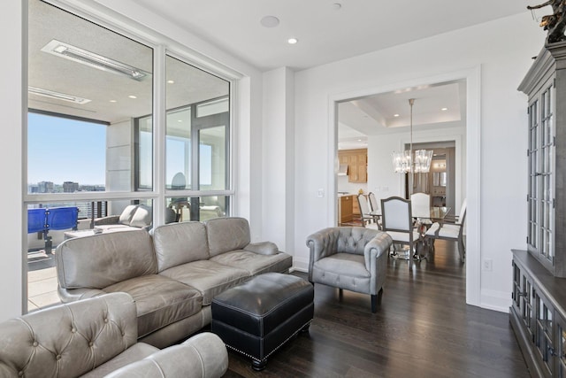 1111 River Pkwy Unit 24C, Minneapolis, MN 55415 - living room with dark wood-style flooring, a chandelier, floor to ceiling windows, and recessed lighting