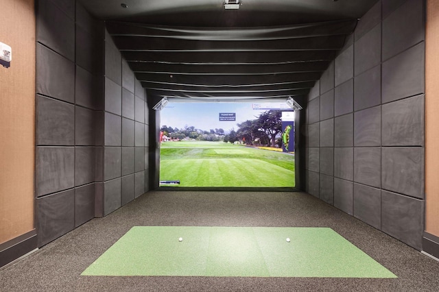 1111 River Pkwy Unit 24C, Minneapolis, MN 55415 - recreation room featuring golf simulator, carpet flooring, and plenty of natural light