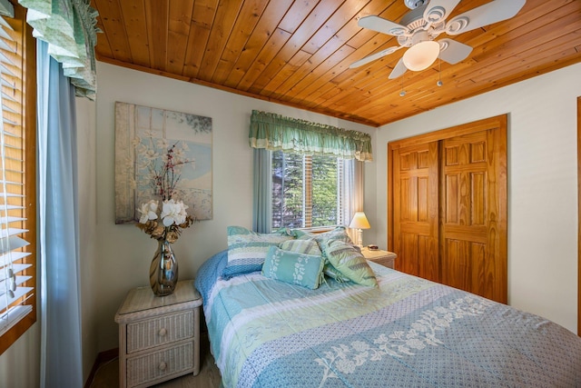 209 9 1/2 Ave, Turtle Lake, WI 54889 - bedroom featuring wooden ceiling, a closet, and ceiling fan