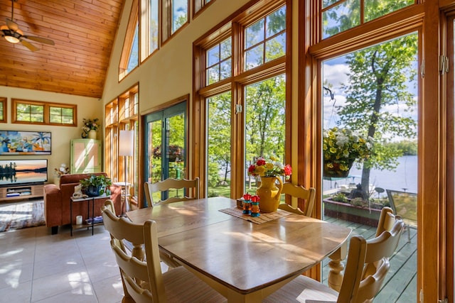 209 9 1/2 Ave, Turtle Lake, WI 54889 - dining area with high vaulted ceiling, light tile patterned flooring, a ceiling fan, and wood ceiling
