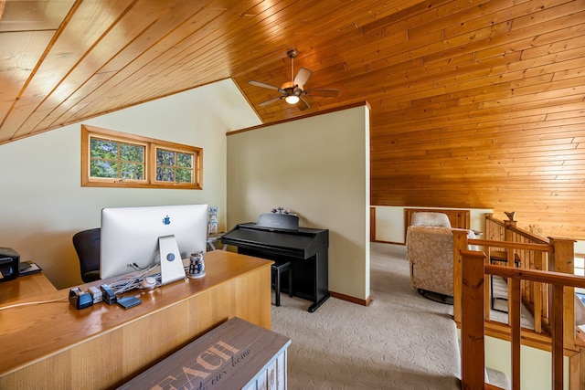209 9 1/2 Ave, Turtle Lake, WI 54889 - carpeted home office featuring vaulted ceiling, ceiling fan, wooden ceiling, and wooden walls