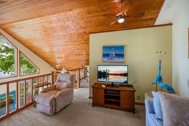209 9 1/2 Ave, Turtle Lake, WI 54889 - living area with a ceiling fan, wood ceiling, light carpet, lofted ceiling, and baseboards