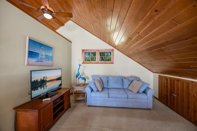 209 9 1/2 Ave, Turtle Lake, WI 54889 - living room with lofted ceiling, wood ceiling, light carpet, and a ceiling fan