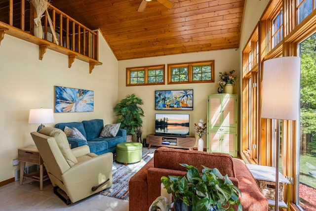 209 9 1/2 Ave, Turtle Lake, WI 54889 - tiled living area featuring lofted ceiling, wooden ceiling, ceiling fan, and baseboards