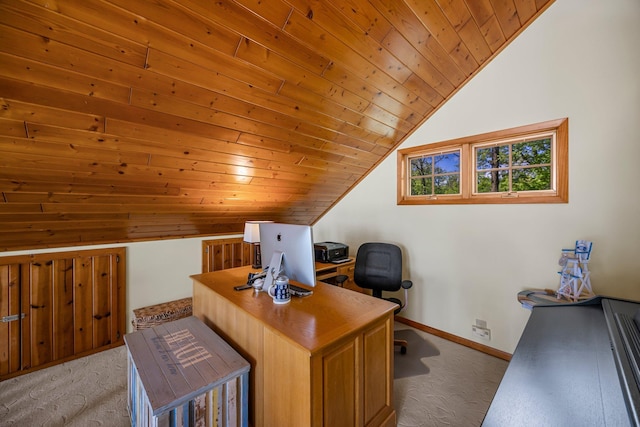 209 9 1/2 Ave, Turtle Lake, WI 54889 - home office featuring lofted ceiling, light carpet, wood ceiling, and baseboards