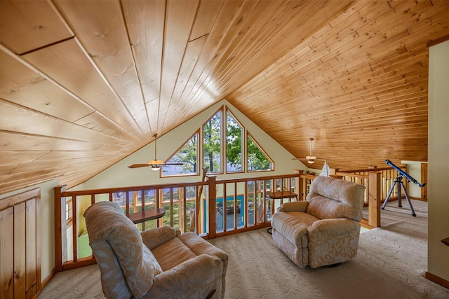 209 9 1/2 Ave, Turtle Lake, WI 54889 - carpeted living area featuring a ceiling fan, vaulted ceiling, wood ceiling, and baseboards