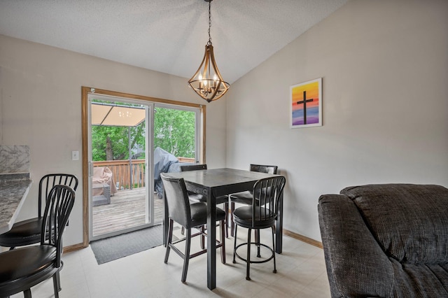 604 Brookview Ln SW, Isanti, MN 55040 - dining area with vaulted ceiling, a chandelier, a textured ceiling, baseboards, and light floors