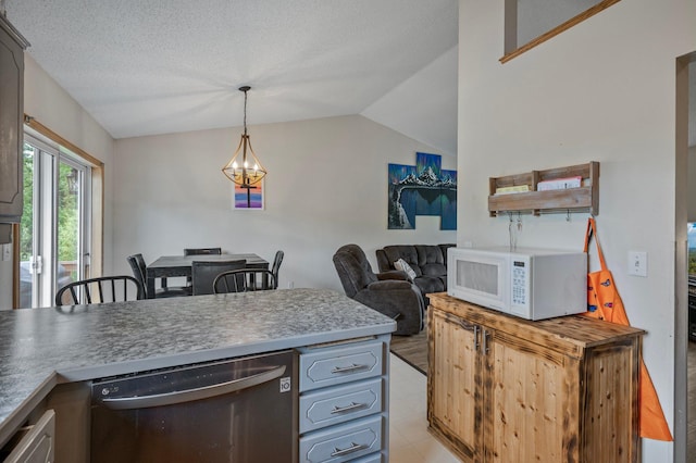 604 Brookview Ln SW, Isanti, MN 55040 - kitchen featuring dishwasher, white microwave, lofted ceiling, gray cabinetry, and pendant lighting