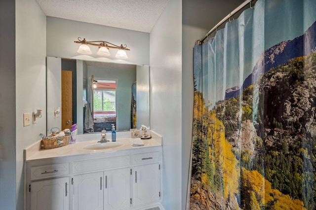 604 Brookview Ln SW, Isanti, MN 55040 - ensuite bathroom with a textured ceiling, vanity, and a shower with shower curtain