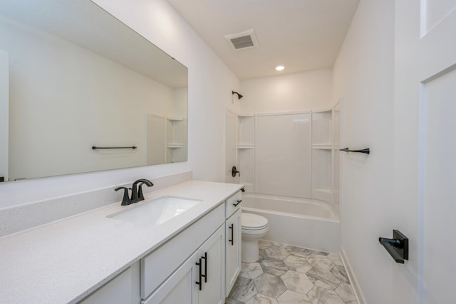 full bathroom featuring vanity, toilet, shower / washtub combination, and recessed lighting