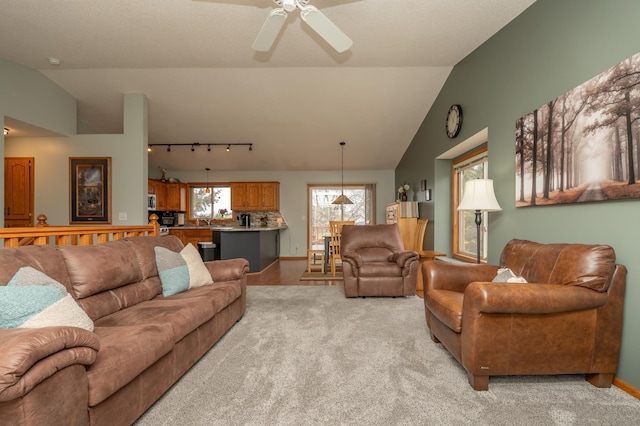 living area with lofted ceiling, light colored carpet, a ceiling fan, track lighting, and baseboards