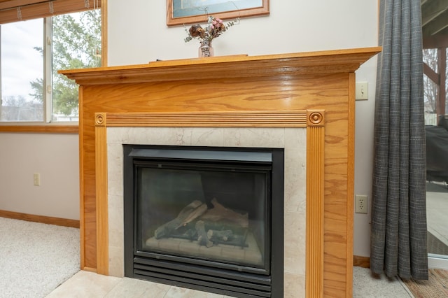 detailed view of carpet floors, a high end fireplace, and baseboards