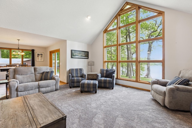 25306 Csah 4, Dassel Twp, MN 55325 - living area featuring a chandelier, carpet, and high vaulted ceiling