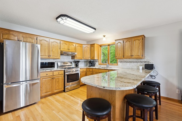 25306 Csah 4, Dassel Twp, MN 55325 - kitchen featuring appliances with stainless steel finishes, under cabinet range hood, a peninsula, a kitchen breakfast bar, and light wood-type flooring