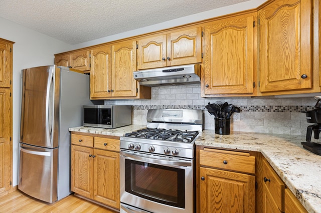 25306 Csah 4, Dassel Twp, MN 55325 - kitchen with stainless steel appliances, under cabinet range hood, light wood finished floors, tasteful backsplash, and a textured ceiling