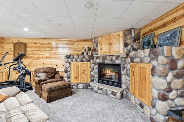 25306 Csah 4, Dassel Twp, MN 55325 - carpeted living room featuring wooden walls, a drop ceiling, and a fireplace