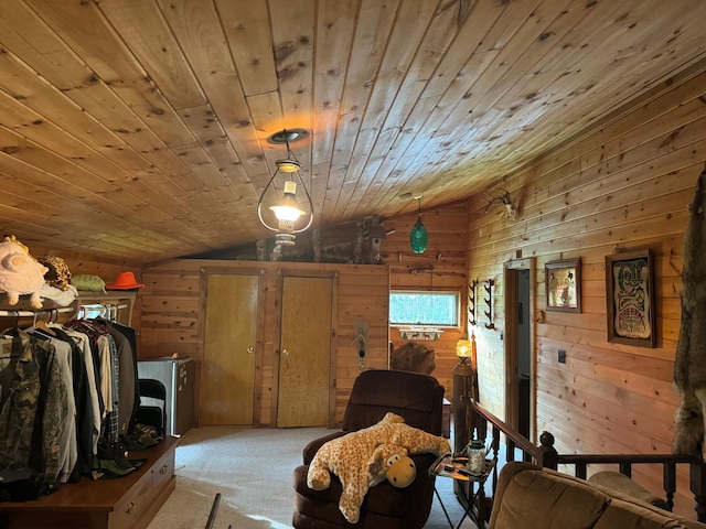 21 Brandon Ln, Grand Marais, MN 55604 - carpeted bedroom featuring wooden walls, vaulted ceiling, and wooden ceiling
