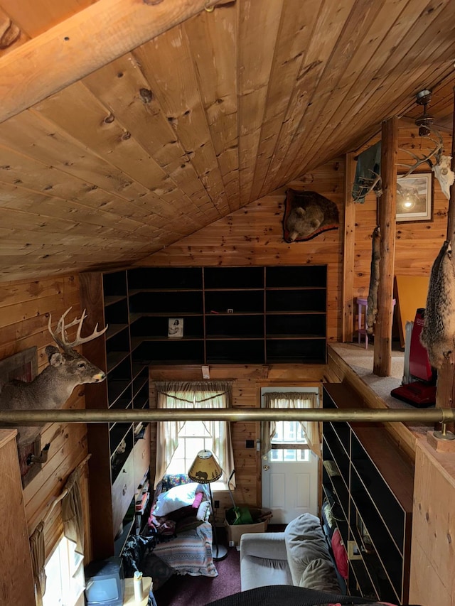 21 Brandon Ln, Grand Marais, MN 55604 - living room with wooden walls, wooden ceiling, and vaulted ceiling