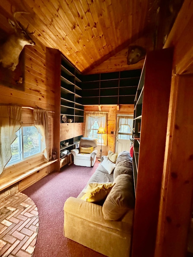 21 Brandon Ln, Grand Marais, MN 55604 - living area featuring wood ceiling, wood walls, vaulted ceiling, and carpet flooring