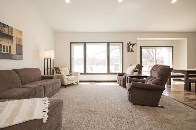 8259 Barton Ave NW, Buffalo, MN 55313 - living room with recessed lighting, wood finished floors, and lofted ceiling