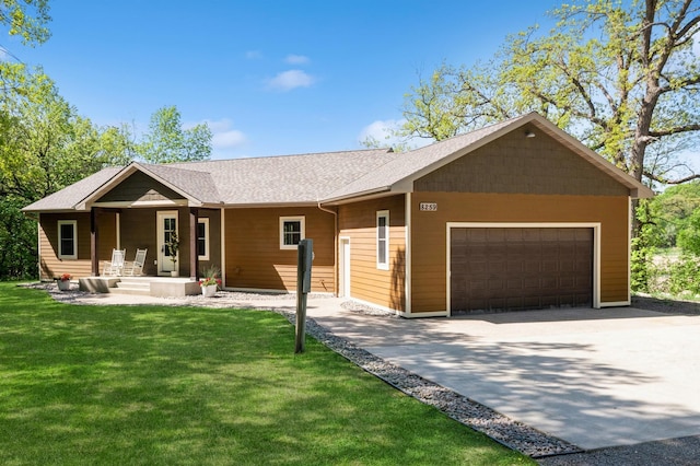 8259 Barton Ave NW, Buffalo, MN 55313 - ranch-style house featuring a garage, a front yard, driveway, covered porch, and roof with shingles