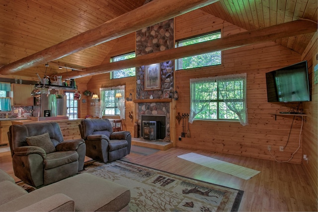 6000 152nd St, Milaca, MN 56353 - living room with wood walls, wood finished floors, wood ceiling with exposed beams, a stone fireplace, and high vaulted ceiling