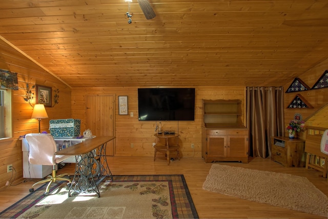 6000 152nd St, Milaca, MN 56353 - office space featuring vaulted ceiling, wood ceiling, wood walls, wood finished floors, and ceiling fan