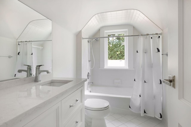 1397 Orono Ln, Orono, MN 55391 - bathroom featuring shower / bath combo with shower curtain, toilet, vanity, and tile patterned floors