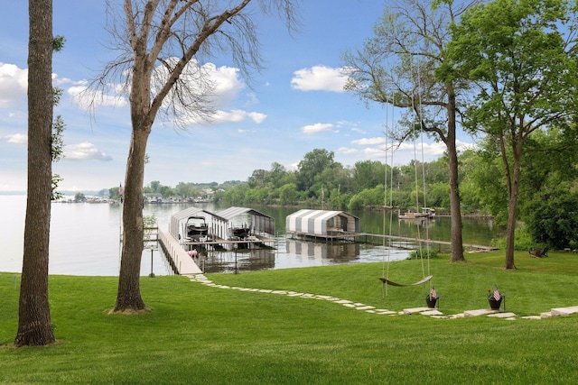 1397 Orono Ln, Orono, MN 55391 - dock with boat lift, a water view, and a yard
