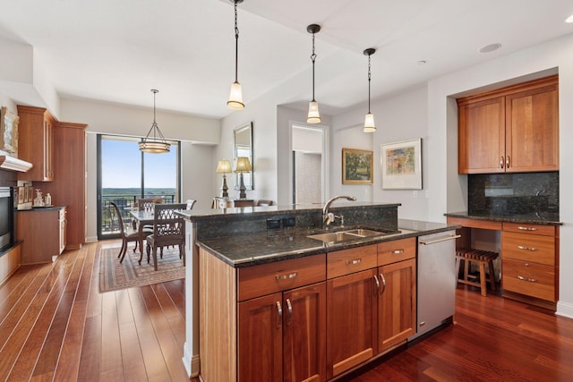 100 3rd Ave S Unit 3301, Minneapolis, MN 55401 - kitchen featuring a sink, stainless steel dishwasher, backsplash, dark wood-type flooring, and hanging light fixtures