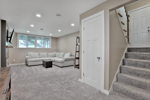8466 Isleton Ct S, Cottage Grove, MN 55016 - living room featuring carpet flooring, recessed lighting, stairway, and baseboards