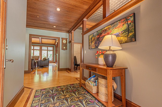 8599 County Road 21 SW, Alexandria, MN 56308 - corridor featuring wooden ceiling, ornamental molding, light wood finished floors, baseboards, and recessed lighting