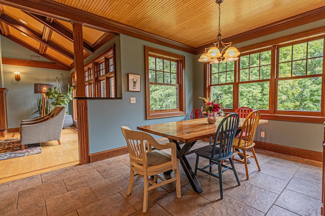 8599 County Road 21 SW, Alexandria, MN 56308 - dining space with a chandelier, baseboards, stone tile flooring, wooden ceiling, and crown molding