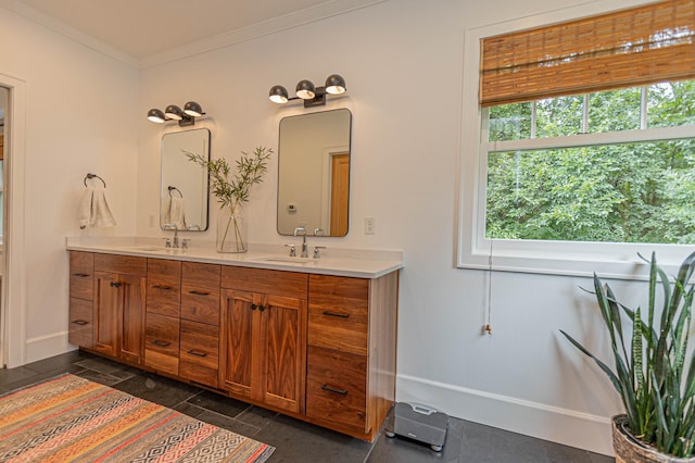 8599 County Road 21 SW, Alexandria, MN 56308 - full bathroom with double vanity, ornamental molding, and baseboards