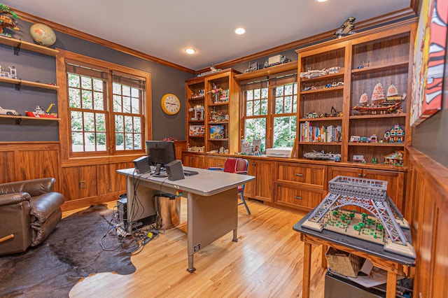 8599 County Road 21 SW, Alexandria, MN 56308 - office area with ornamental molding, a wainscoted wall, light wood-style floors, and recessed lighting