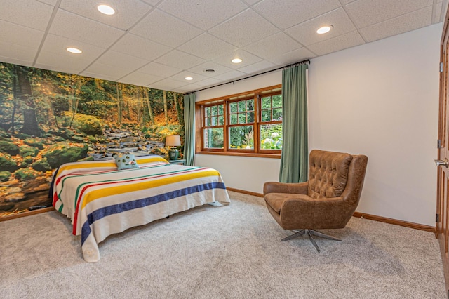 8599 County Road 21 SW, Alexandria, MN 56308 - carpeted bedroom featuring baseboards, wallpapered walls, recessed lighting, a paneled ceiling, and an accent wall