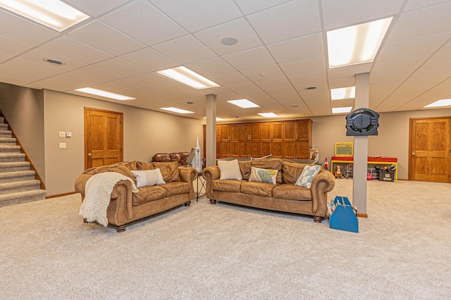 8599 County Road 21 SW, Alexandria, MN 56308 - carpeted living room with stairway and a paneled ceiling