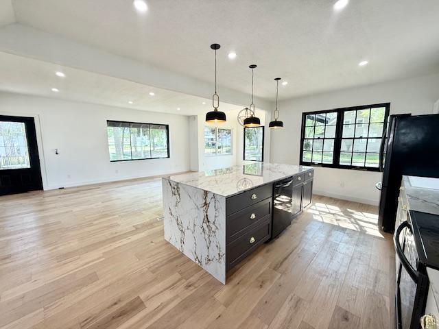 503 3rd St, Redwood Falls, MN 56283 - kitchen with dark cabinetry, stove, dishwasher, light wood finished floors, and recessed lighting