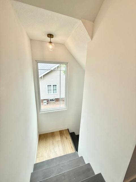 503 3rd St, Redwood Falls, MN 56283 - staircase featuring wood finished floors and lofted ceiling
